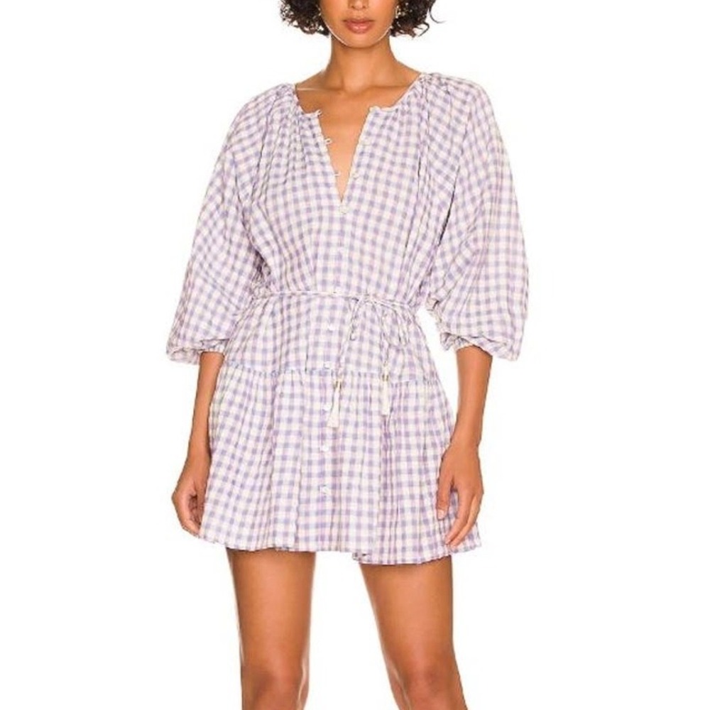 L Space Women Cotton Park Slope Gingham Vida Dress Medium Purple Tassel Tie